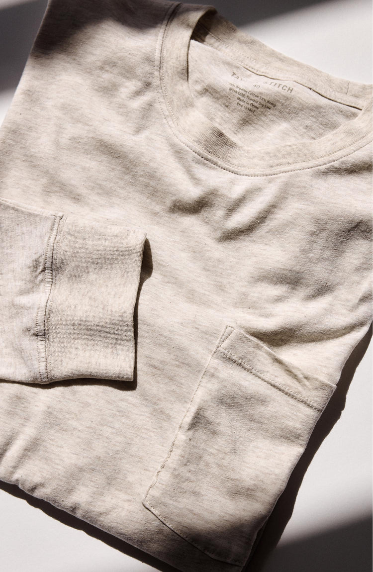 fit model in The Cotton Hemp Long Sleeve Tee in Heathered Oat