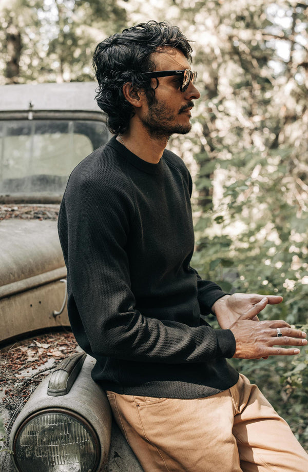 Editorial Panel: The Heavy Bag Waffle Long Sleeve in Coal, Knits by Taylor Stitch