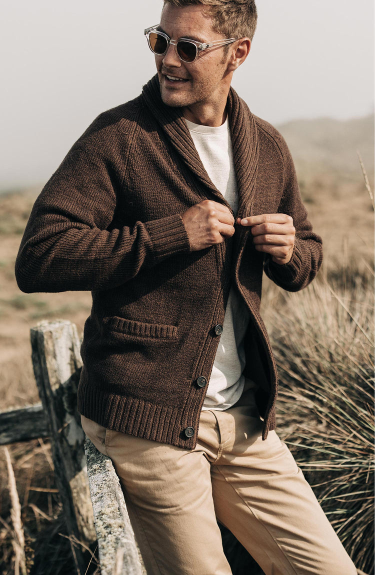 Editorial Panel: The Headland Shawl Cardigan in Marled Chocolate, Knits by Taylor Stitch