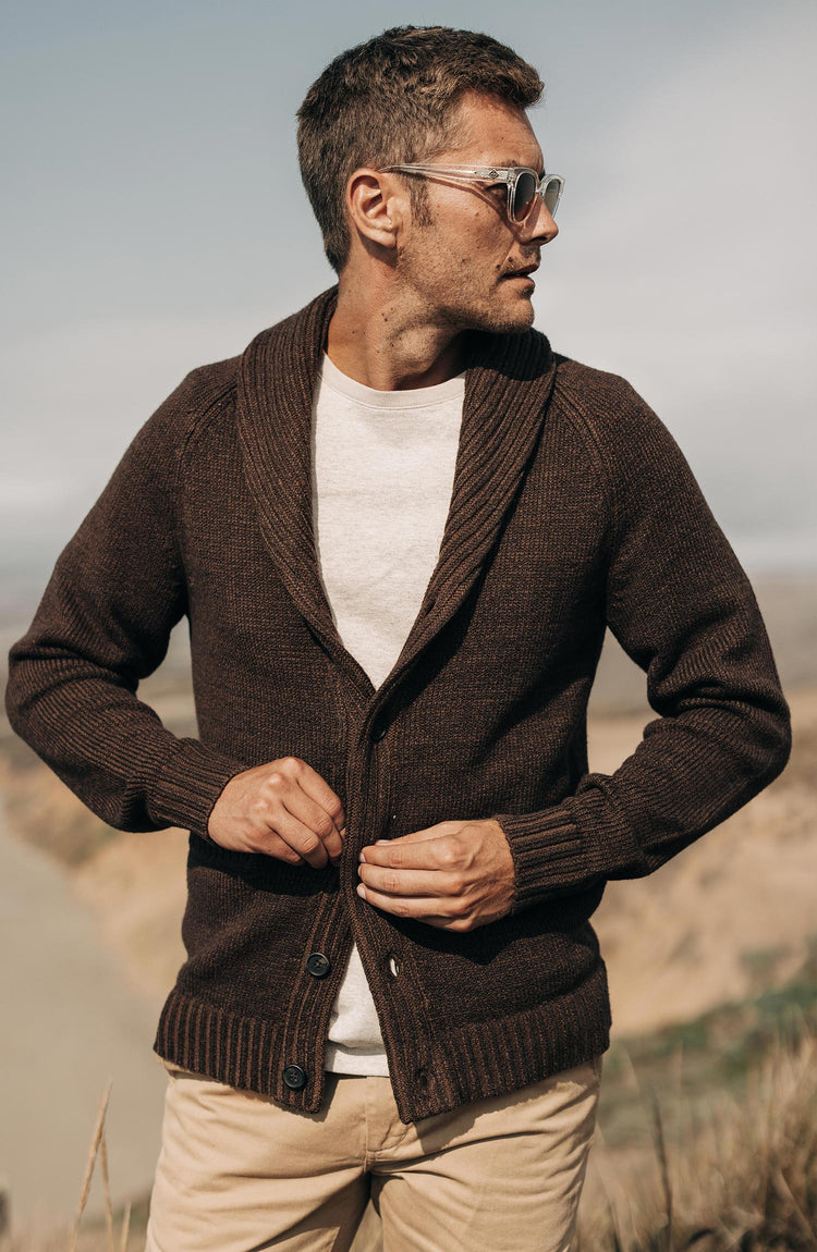 Editorial Panel: The Headland Shawl Cardigan in Marled Chocolate, Knits by Taylor Stitch