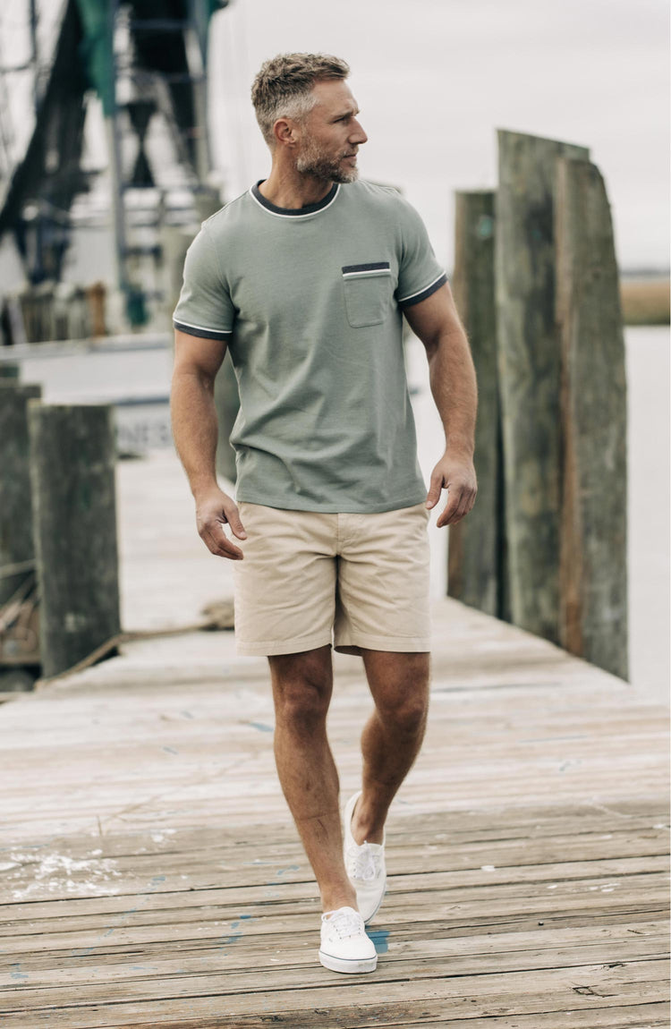 Our model wearing the heavy bag ringer tee in slate and seed