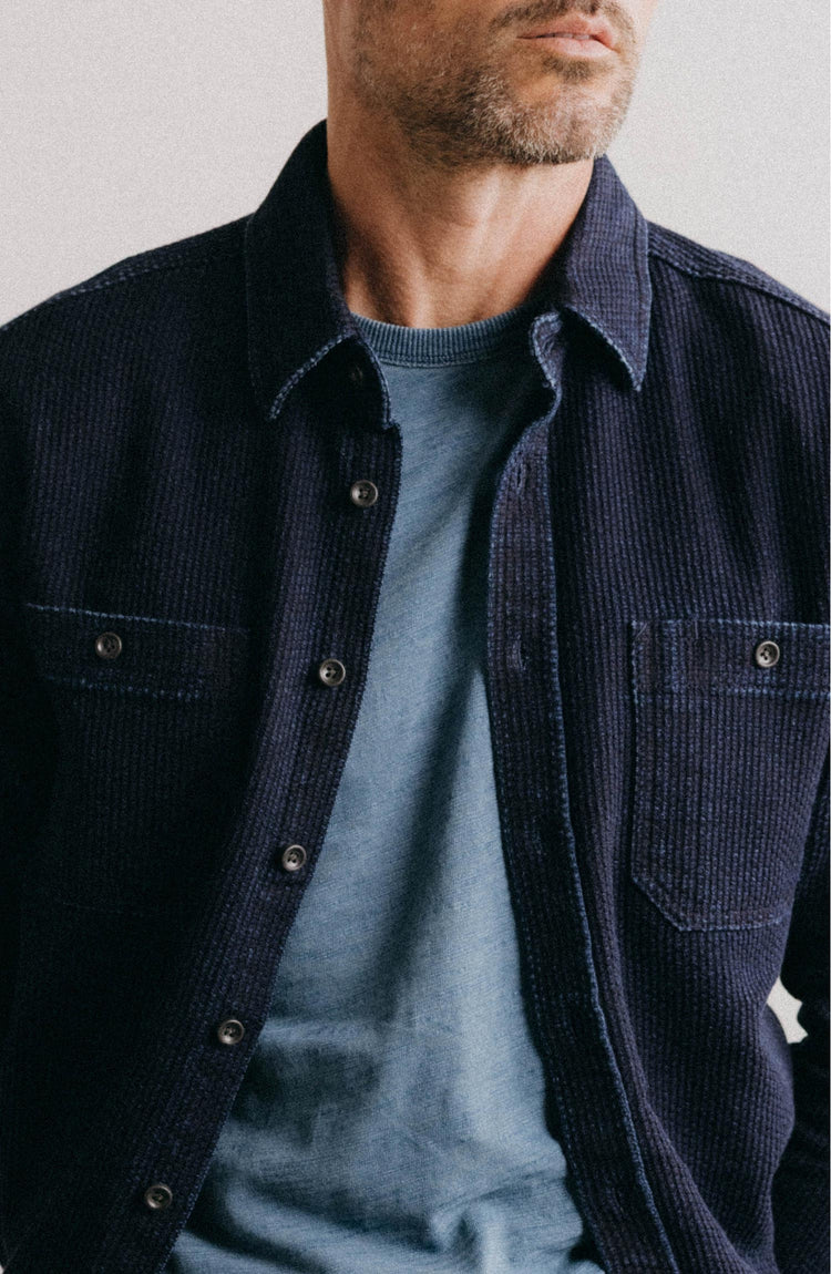 Our model wearing The Organic Cotton Tee in Dyed Indigo