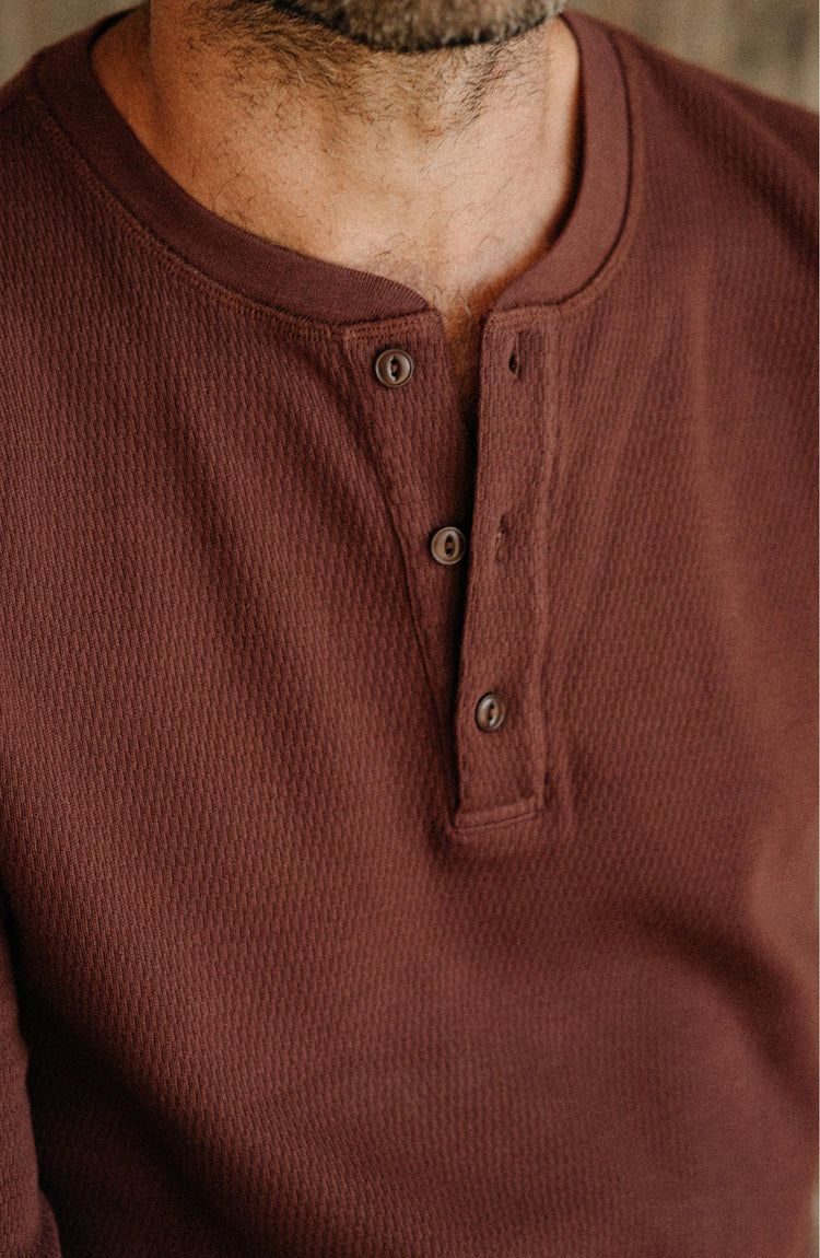 fit model in The Organic Cotton Waffle Henley in Burgundy