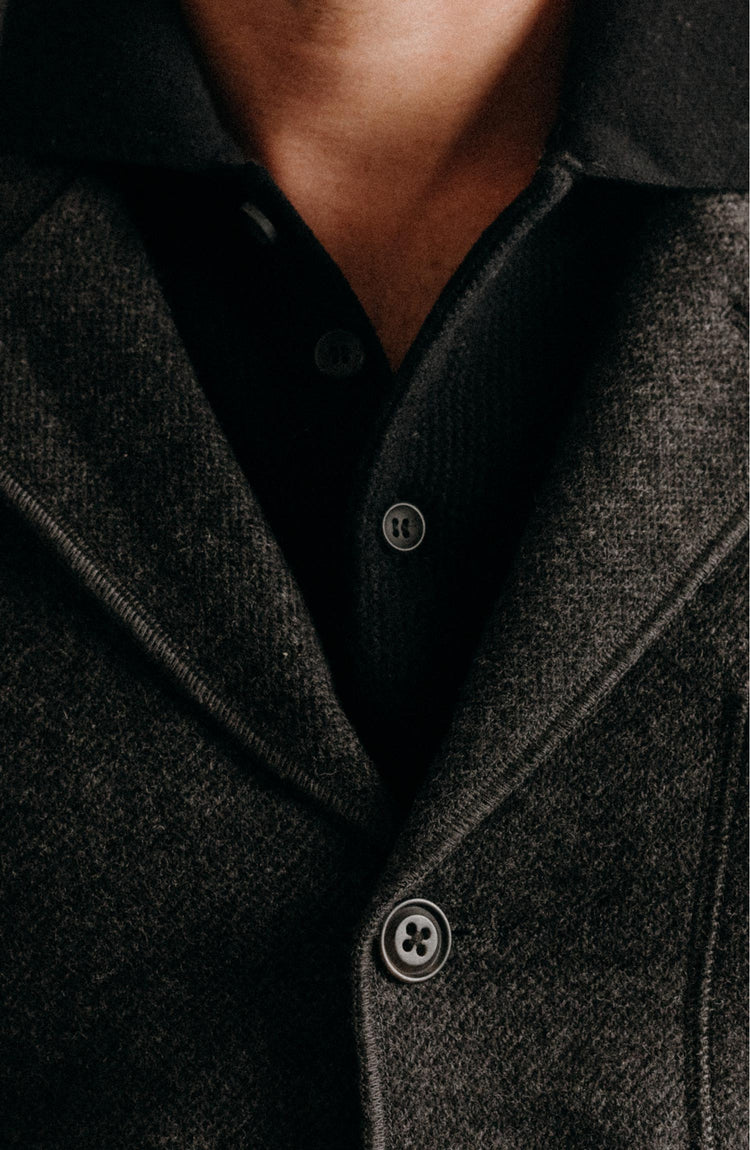 fit model in The Ridgewood Cardigan in Charcoal Birdseye Wool