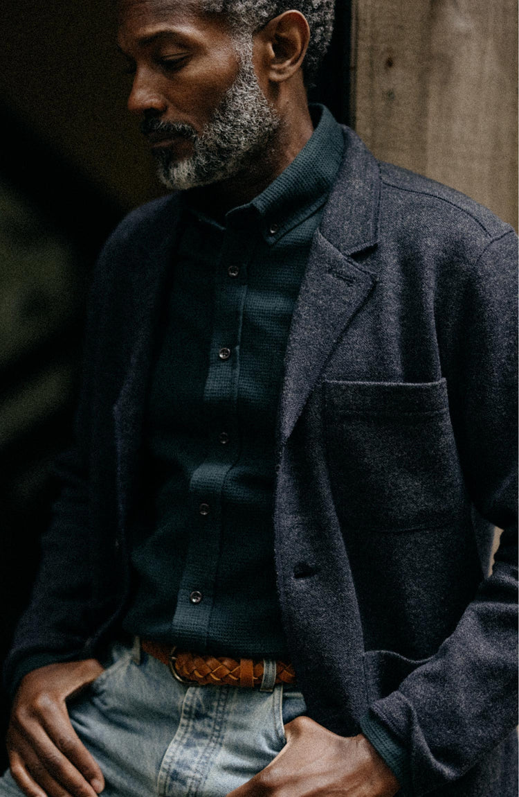 fit model in The Ridgewood Cardigan in Navy Birdseye Wool