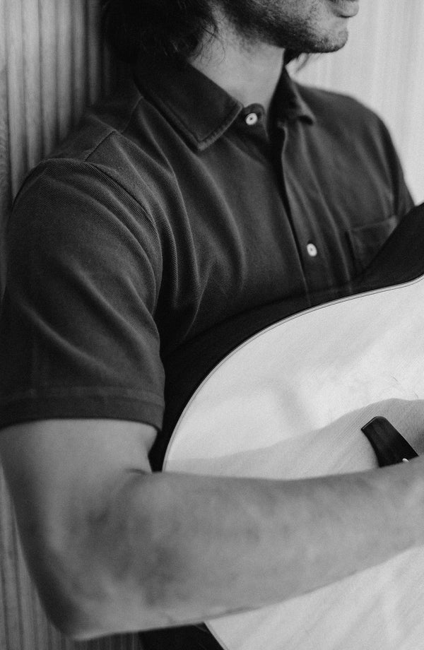 fit model wearing the short sleeve california in espresso pique