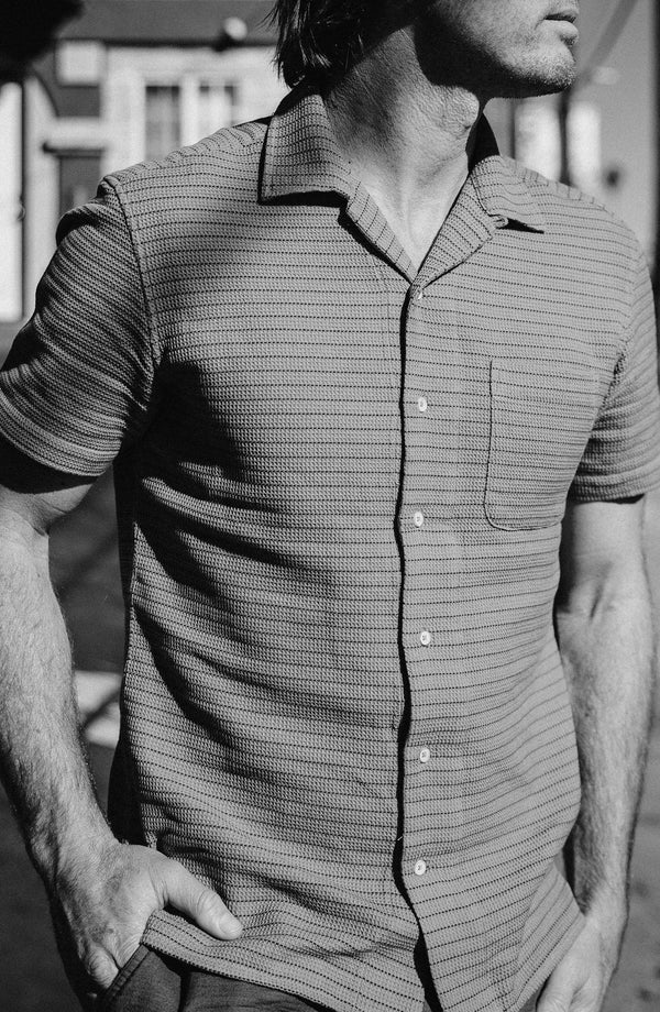 Editorial Panel: The Short Sleeve Hawthorne in Rust Pickstitch Waffle, Wovens by Taylor Stitch