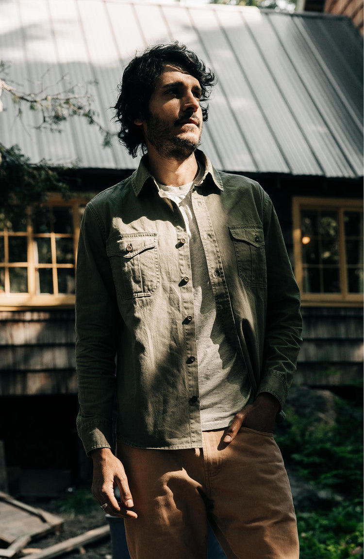 Editorial Panel: The Saddler Shirt in Washed Olive, Wovens by Taylor Stitch