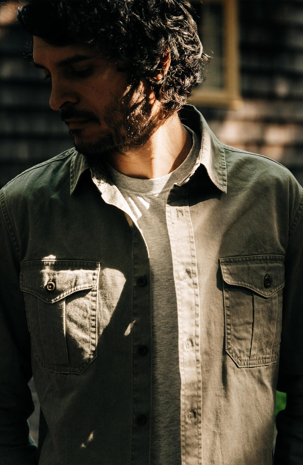 Editorial Panel: The Saddler Shirt in Washed Olive, Wovens by Taylor Stitch