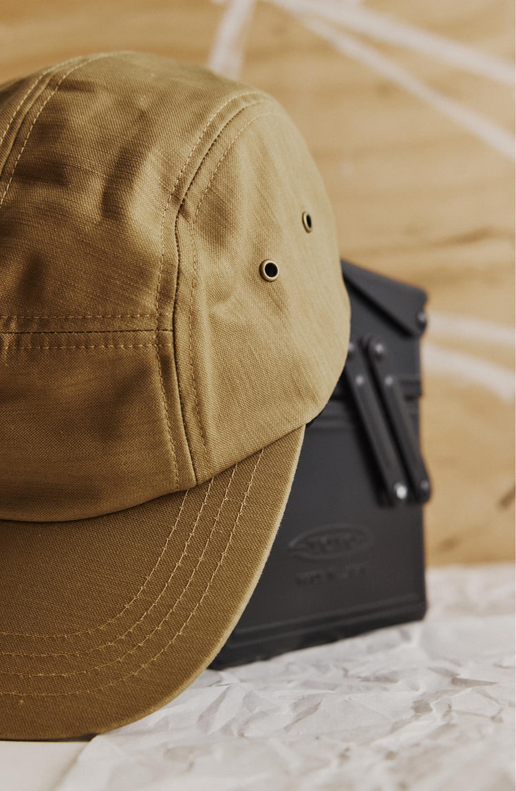 editorial image of the side of The 5-Panel Cap in Khaki Reverse Sateen
