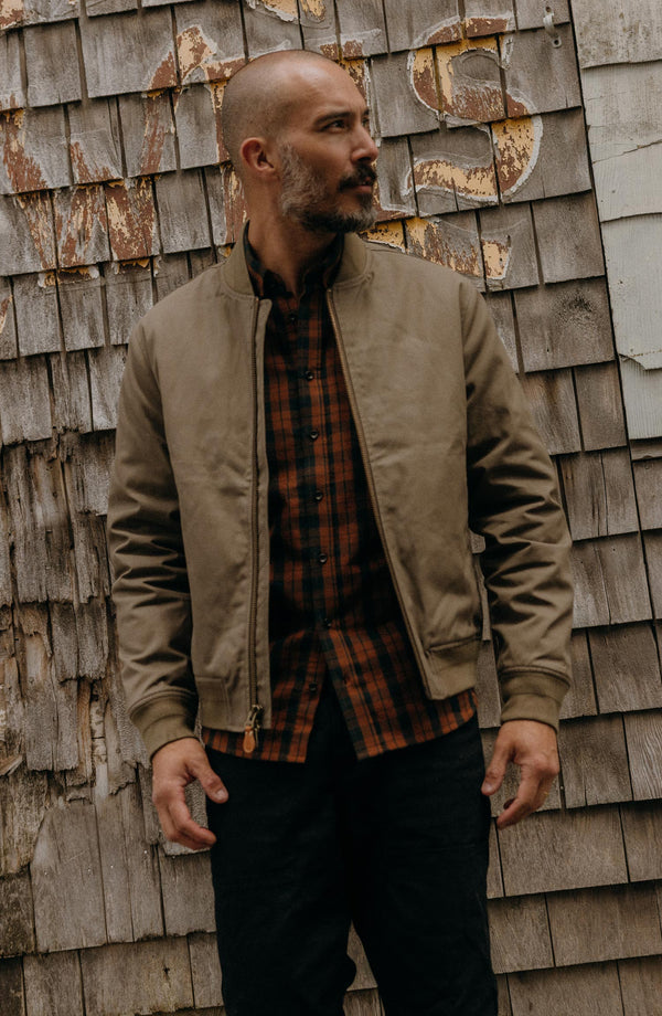 Close up of fit model in The Bomber Jacket in Fatigue Olive Dry Wax