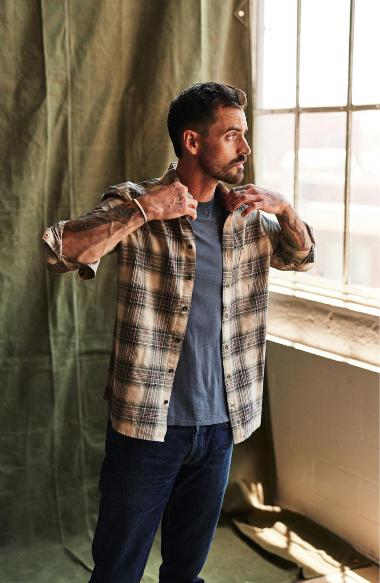 Our model wearing The California in Dune Plaid Brushed Cotton Twill