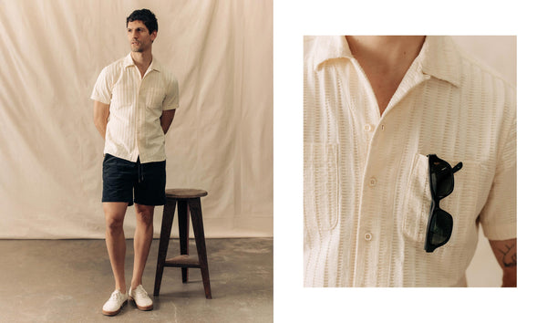 fit model wearing The Conrad Camp Shirt in Vintage White Dobby