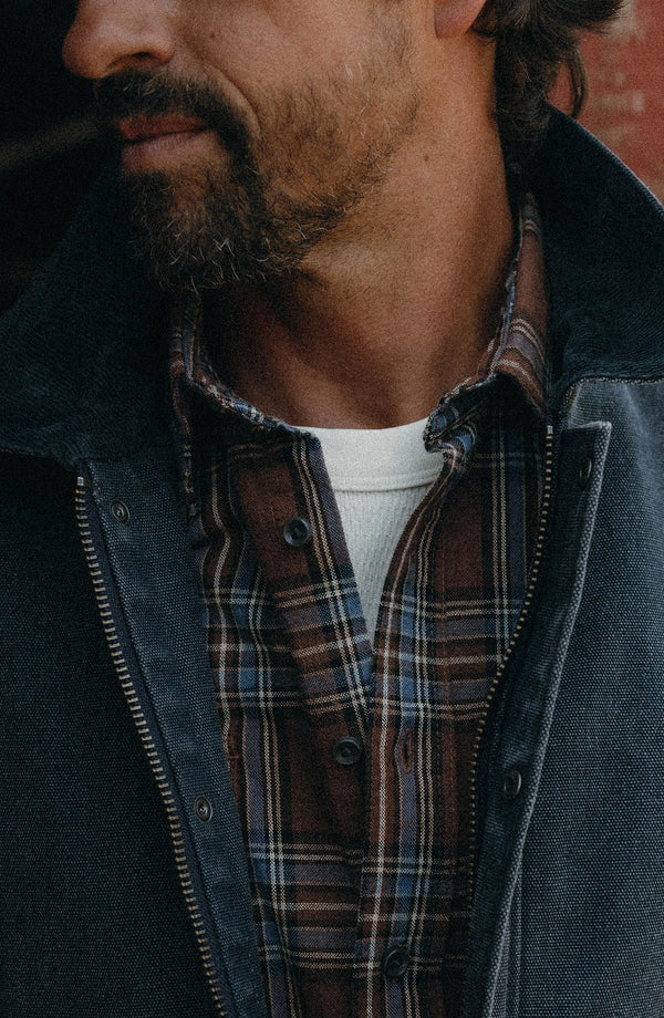 fit model showing off the collar on The Craftsman Shirt in Brick Plaid
