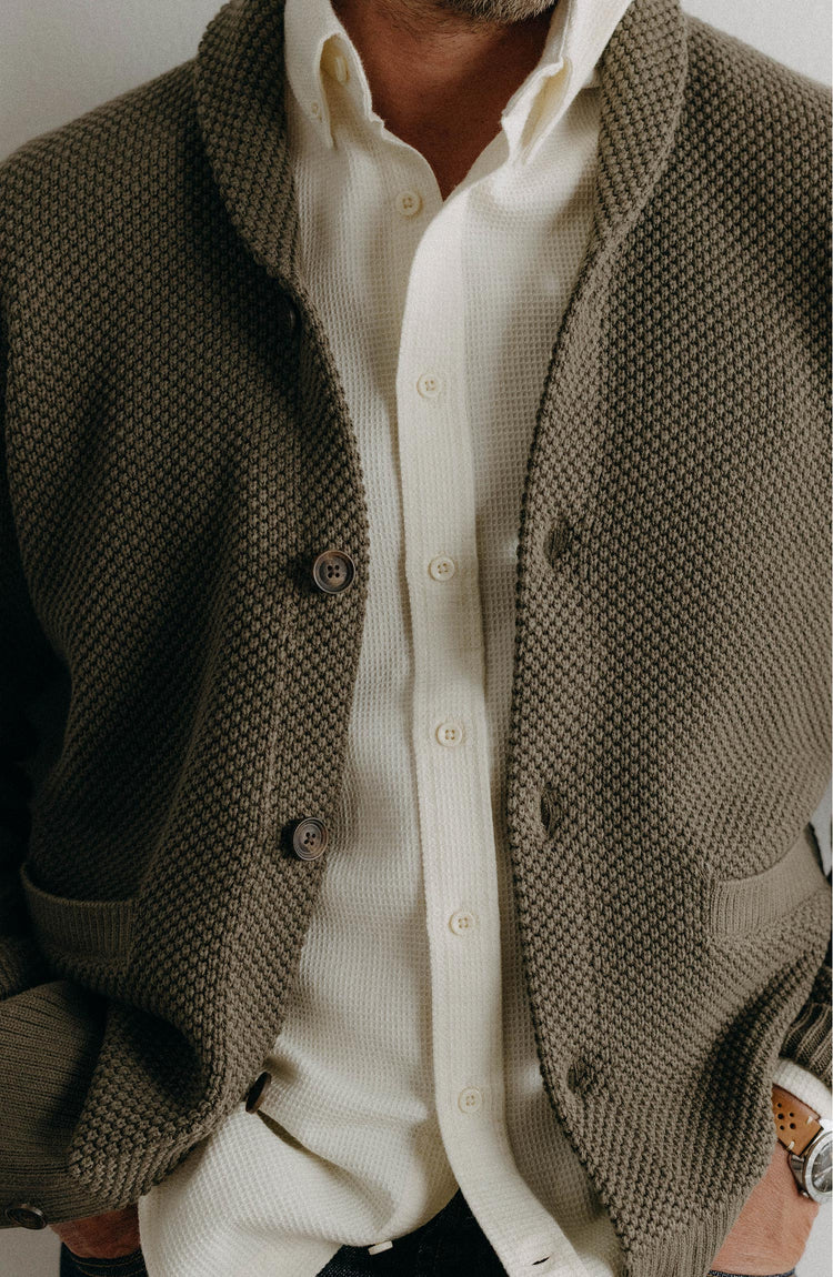 Model wearing The Crawford Sweater in Fatigue Olive