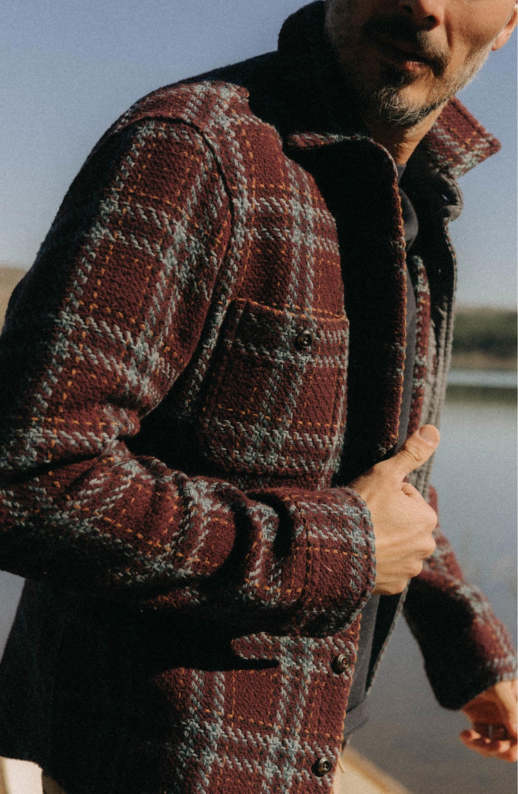 fit model posing in The Cutter Overshirt in Port Plaid