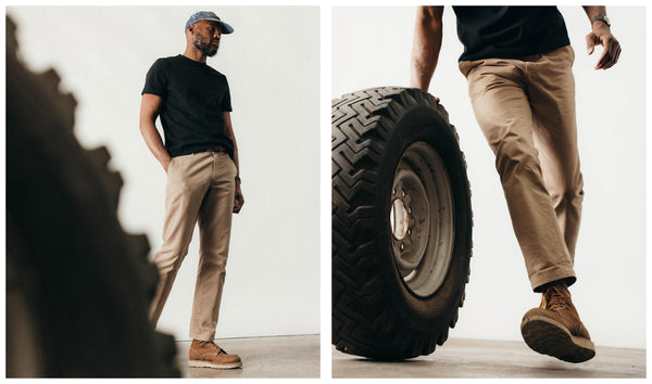 Model wearing chinos with an organic cotton t-shirt