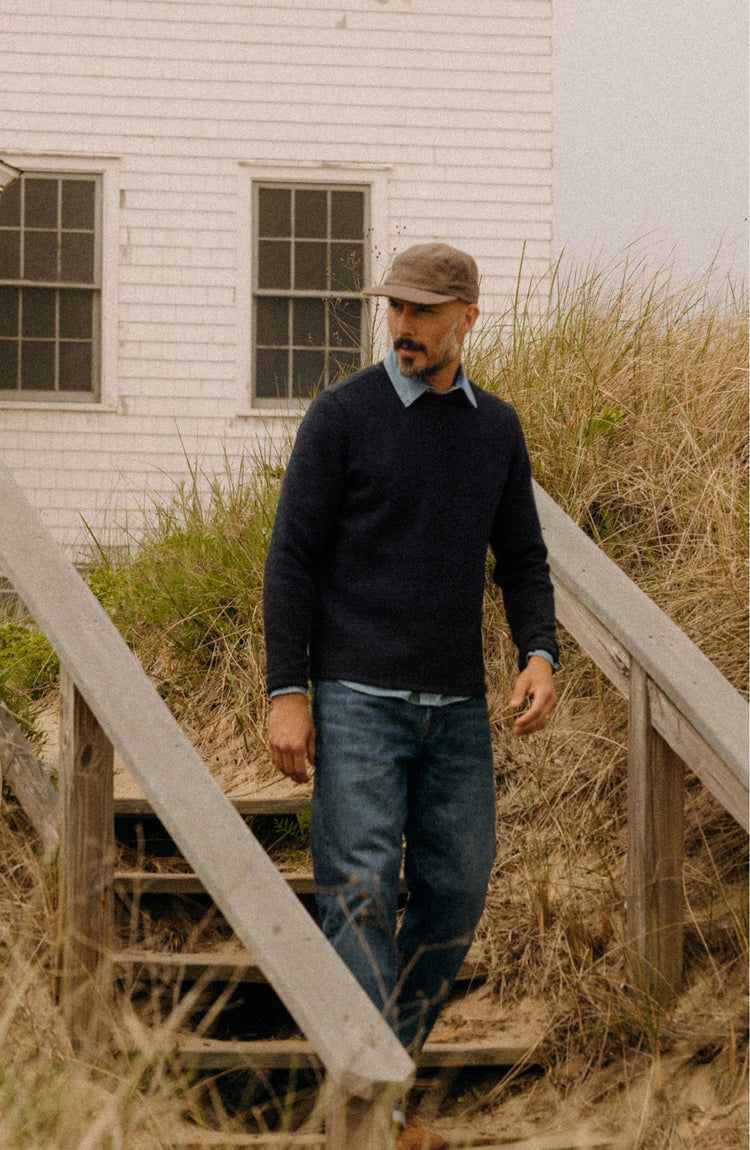 fit model posing in The Evans Crew in Navy Birdseye Wool