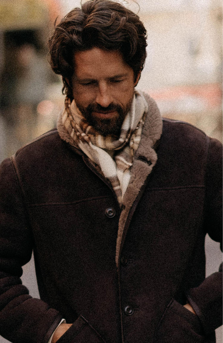 fit model wearing The Fireside Scarf in Butterscotch Plaid