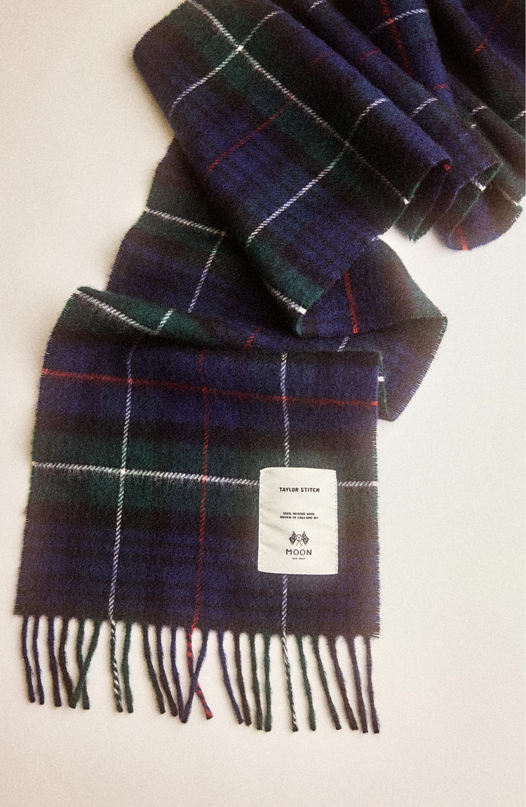 editorial image of The Fireside Scarf in Highland Navy Plaid