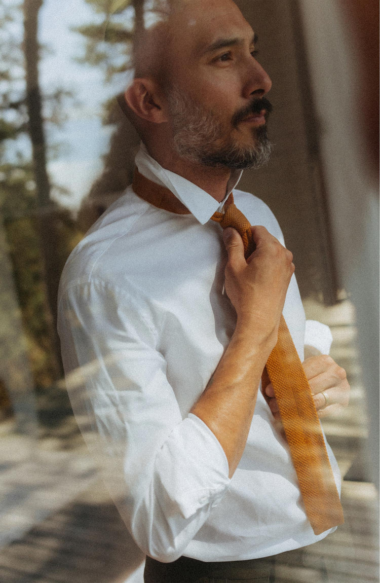 fit model posing in The Hyde Shirt in White Pinpoint Oxford