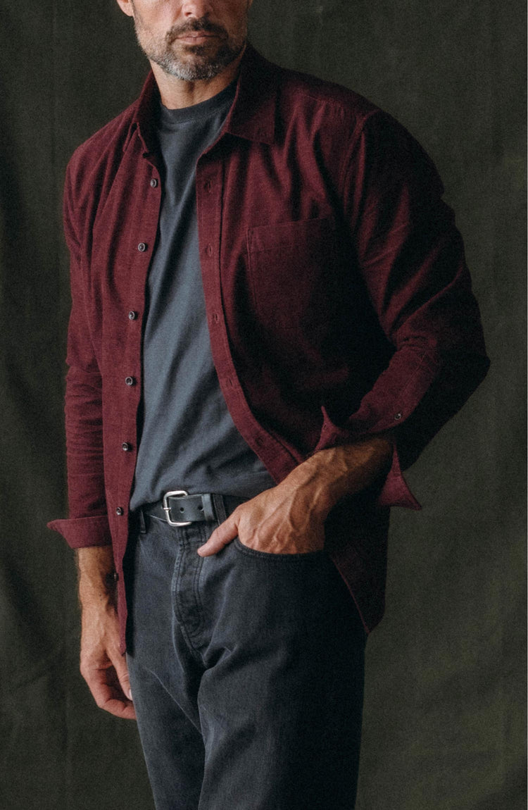 fit model with his hand in his pocket wearing The Jack in Heather Burgundy Pincord