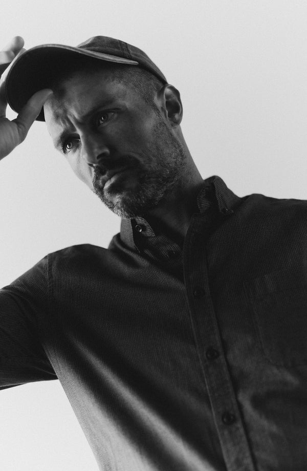 fit model wearing The Jack in Marine Stripe