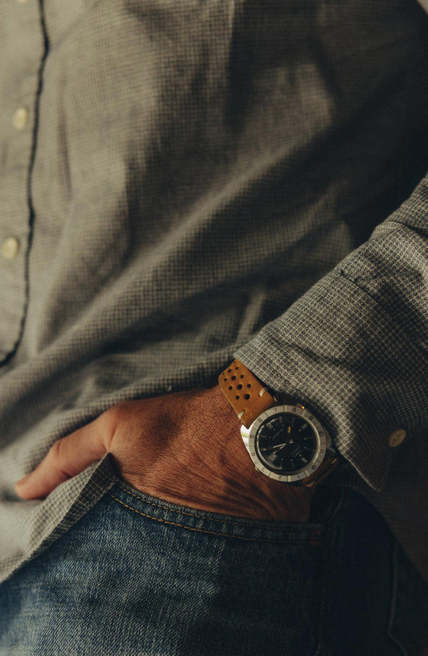 fit model showing off the cuff on The Jack in Steel Jaspe Check