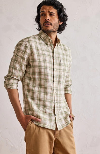Our model standing in The Jack in Palm Plaid Linen