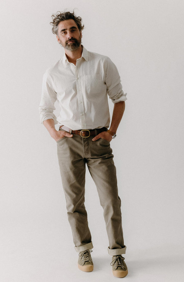 Our model standing in The Jack in Indigo Stripe