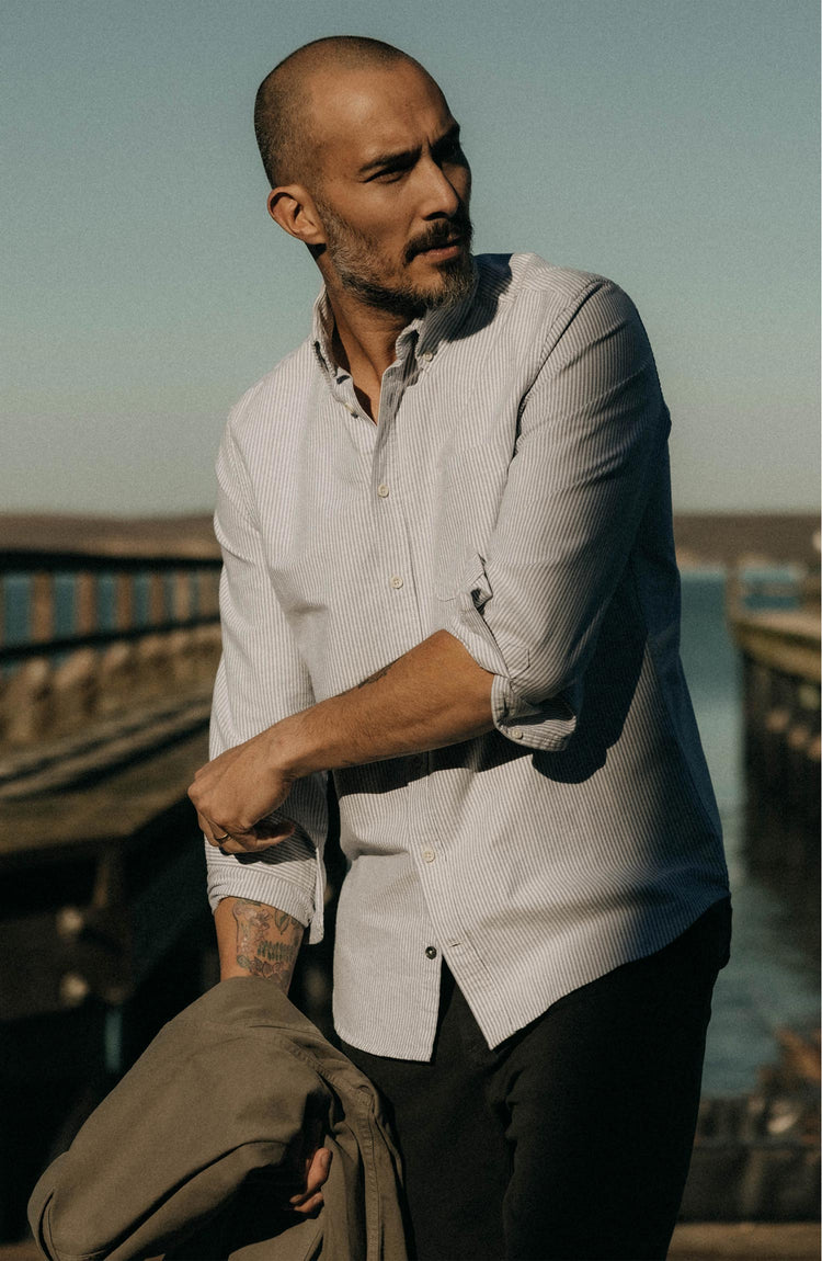 fit model posing in The Jack in Navy University Stripe Everyday Oxford