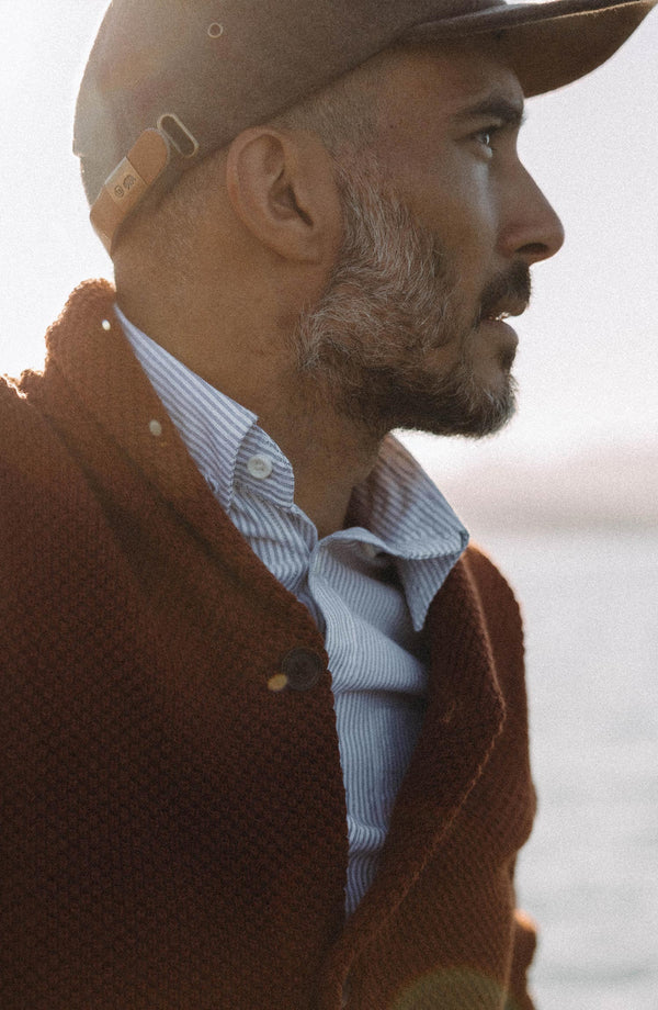 fit model walking in The Jack in Navy University Stripe Everyday Oxford