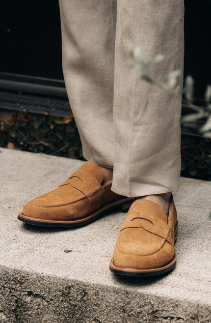 fit model standing in The Loafer in Tan Suede