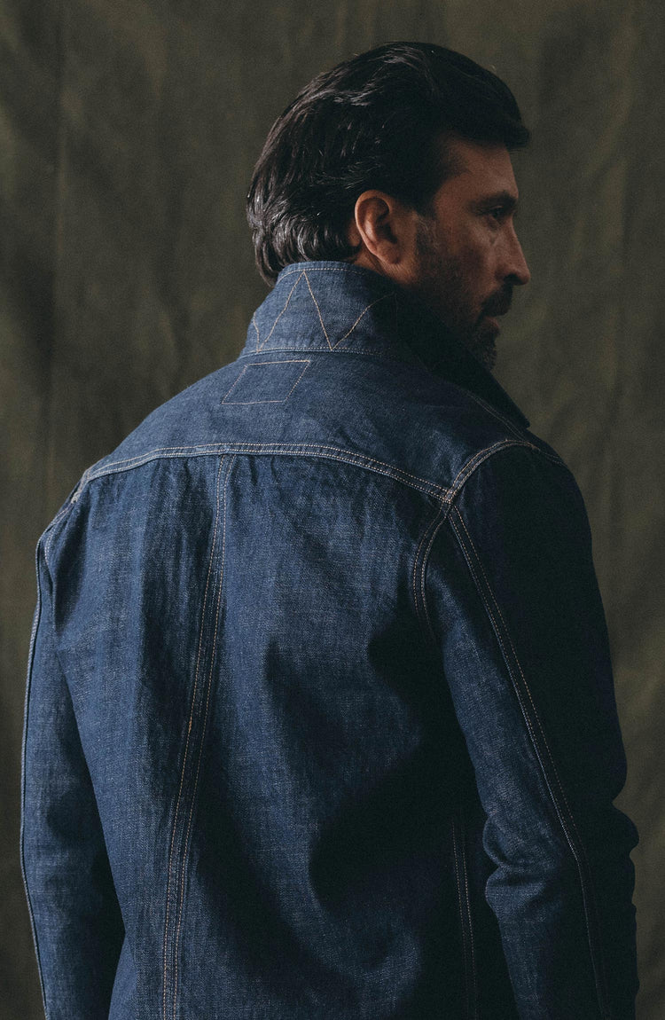 fit model showing off the collar on The Long Haul Jacket in Rinsed Organic Selvedge