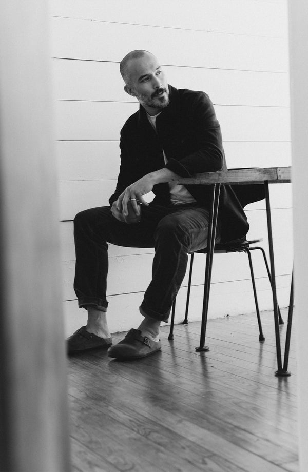 fit model showing off The Maritime Shirt Jacket in Dark Navy Moleskin Twill