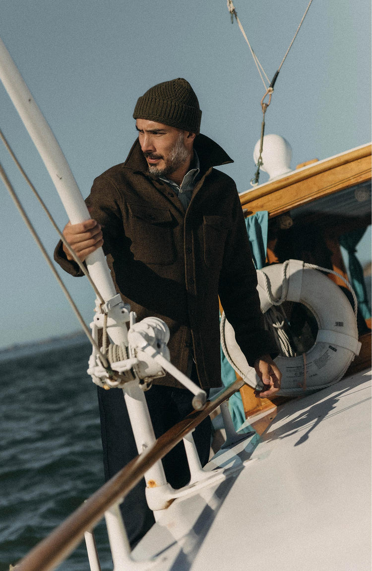 fit model posing in The Maritime Shirt Jacket in Ranger Twill Wool