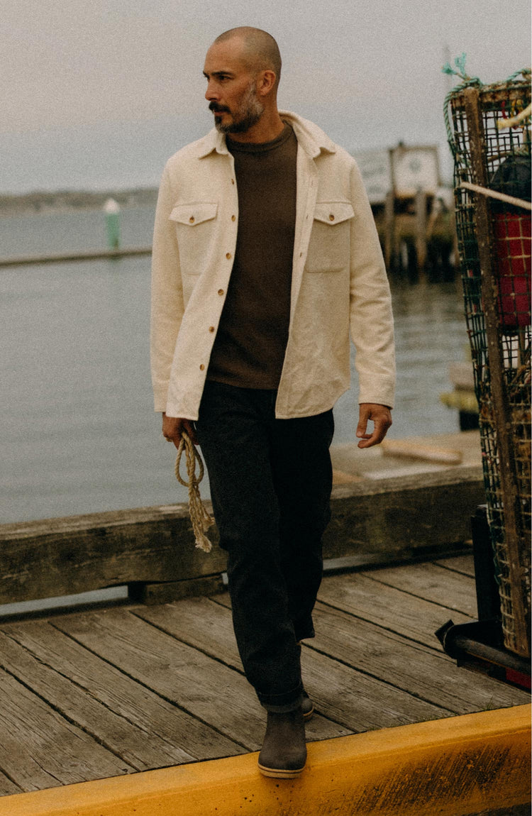 fit model posing in The Maritime Shirt Jacket in Vintage White Moleskin Twill