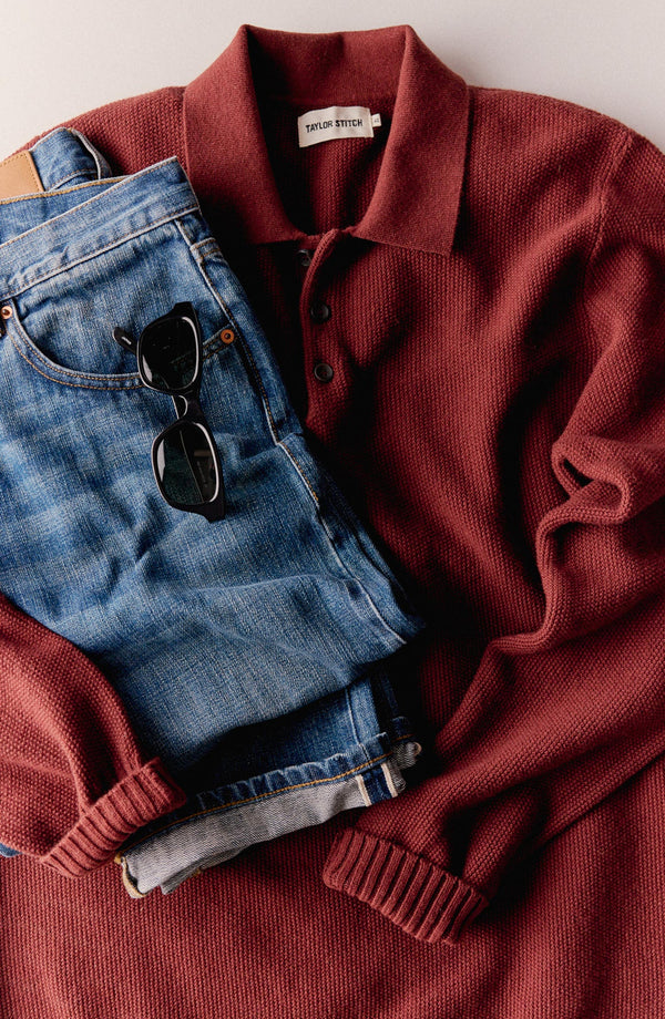 editorial flatlay of The Newton Sweater Polo in Dried Cherry Merino