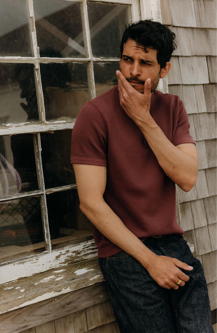 fit model walking wearing The Organic Cotton Short Sleeve Crew in Burgundy Waffle