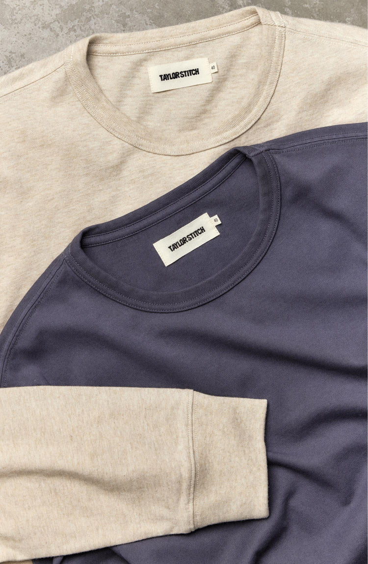 editorial flatlay of The Organic Cotton Long Sleeve Tee in Heather Oat