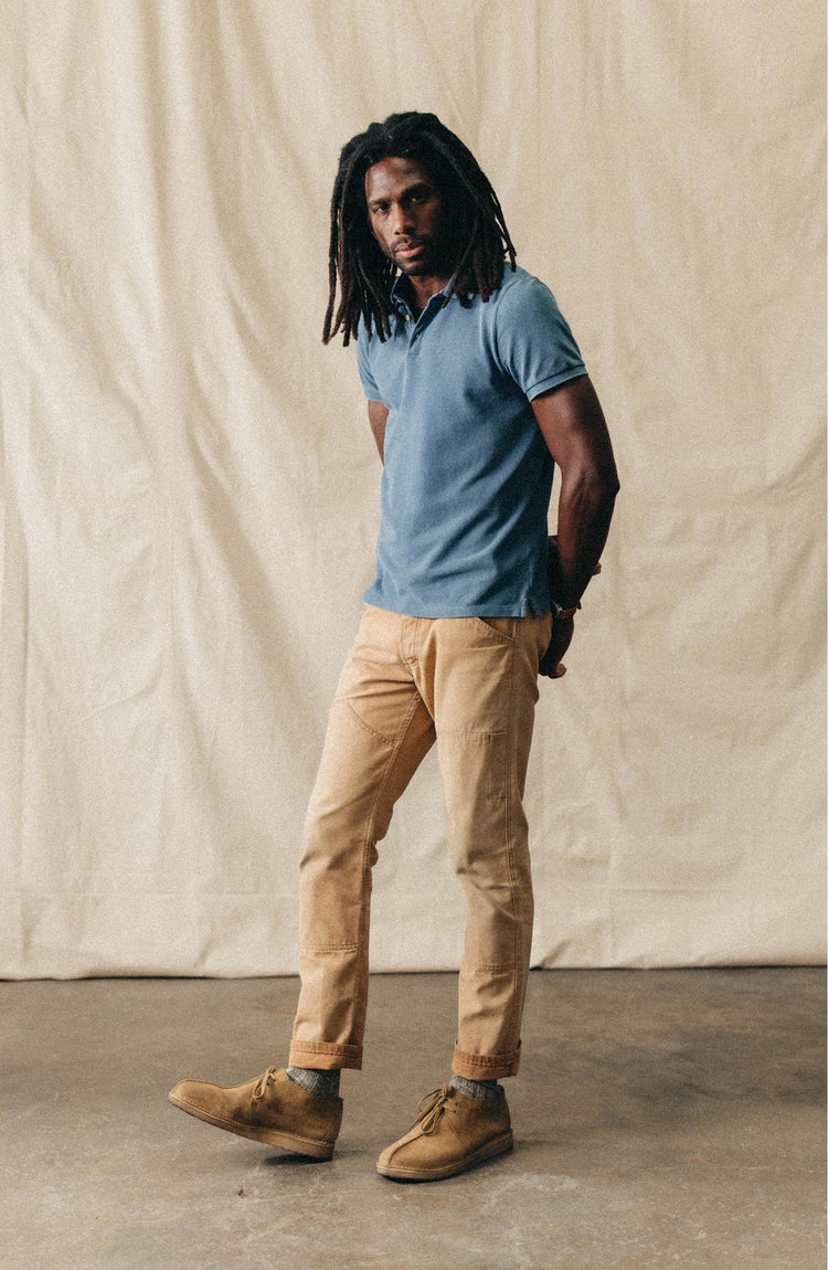 fit model posing in The Pacific Polo in Washed Indigo Pique