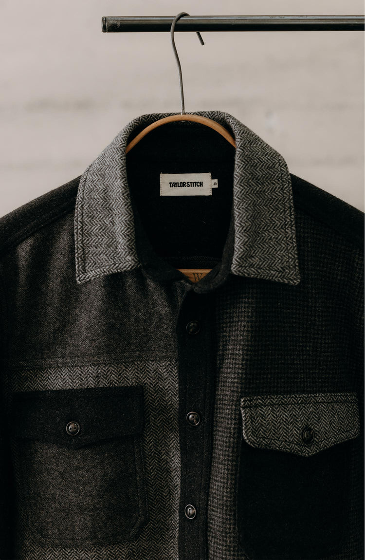 editorial image of The Patchwork Overshirt in Ash Tweed