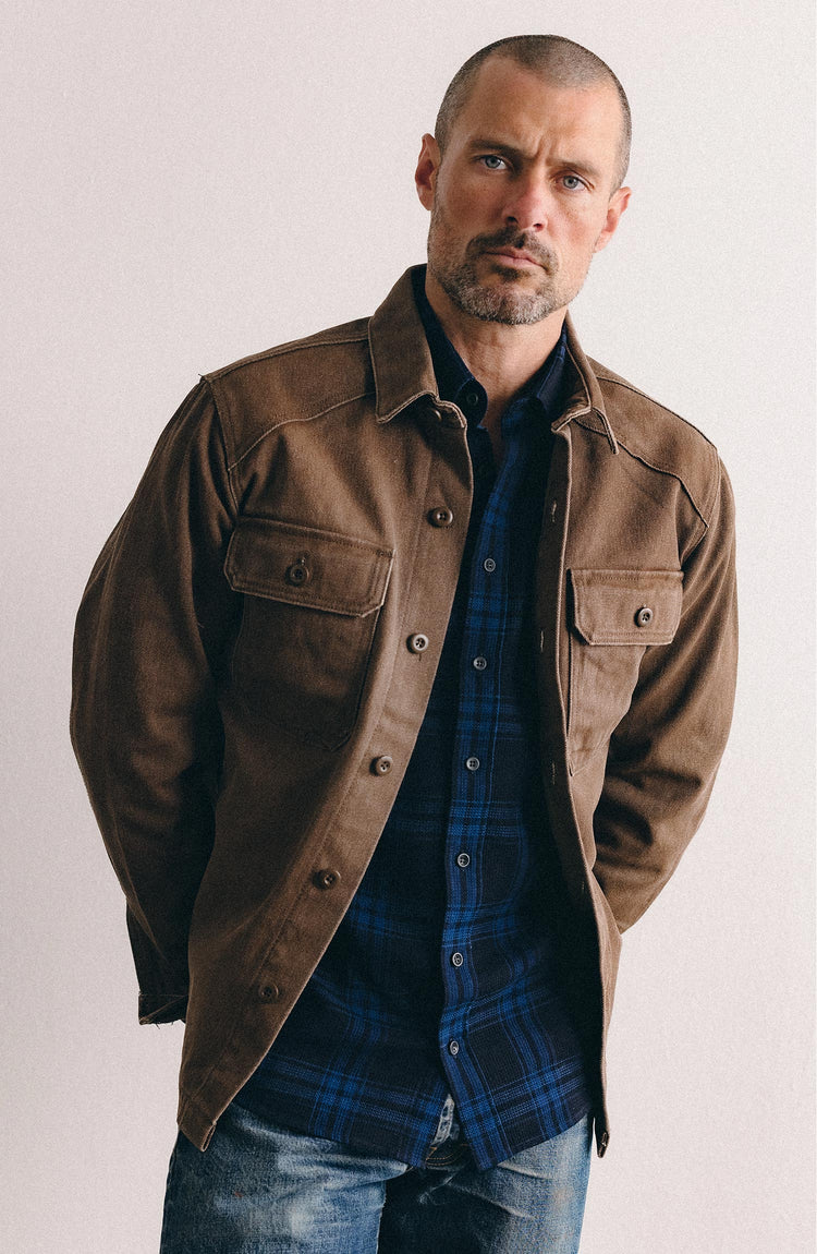 fit model wearing The Shop Shirt in Chipped Canvas