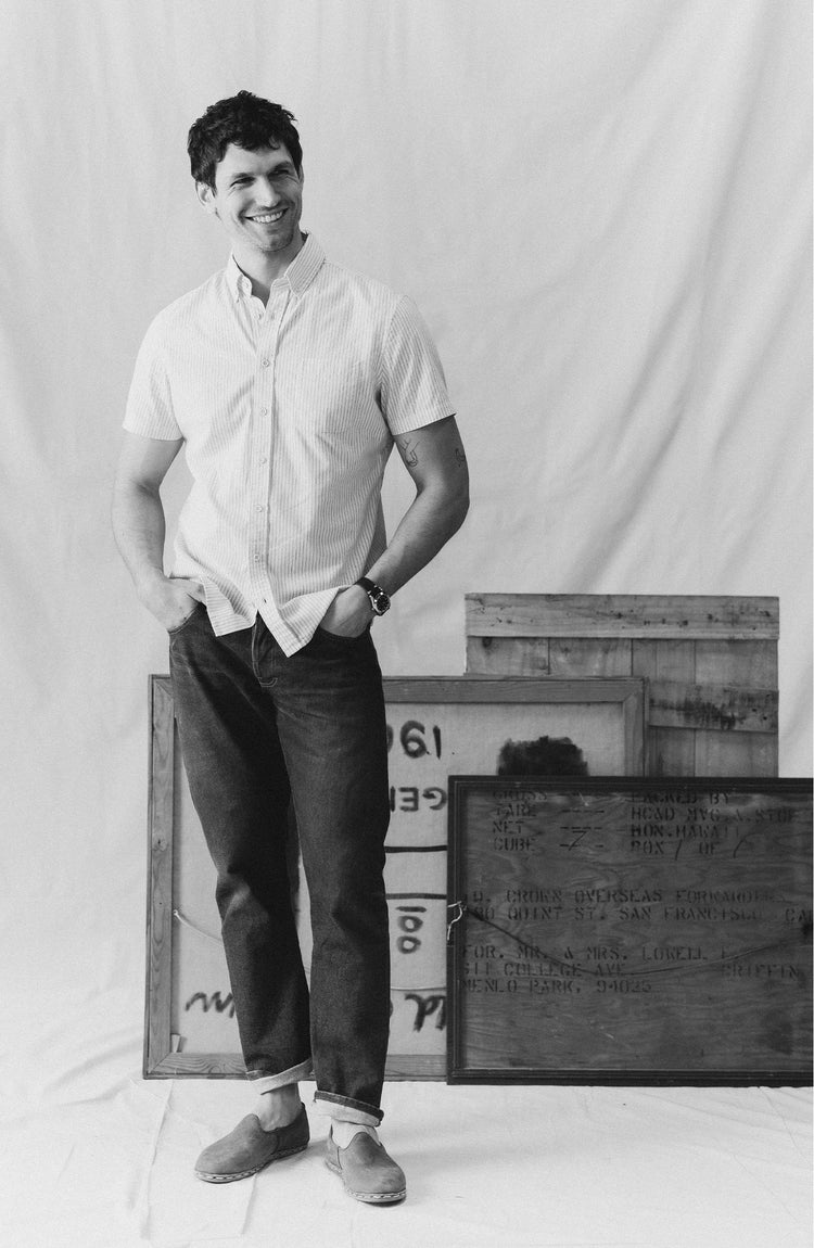 fit model posing in The Short Sleeve Jack in Indigo Stripe