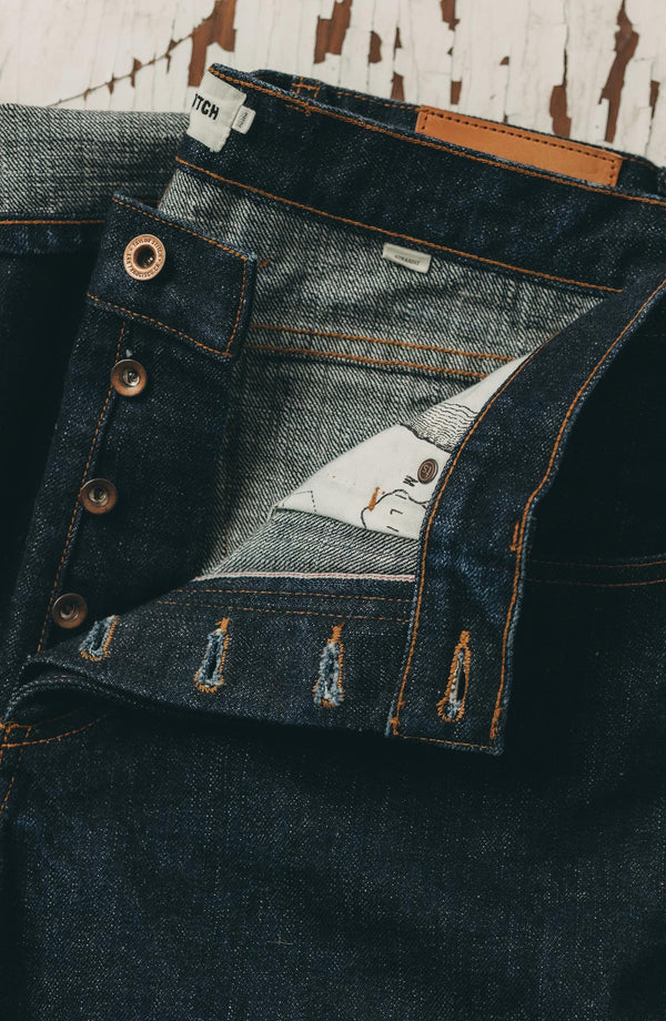 material shot of the waistband on The Straight Jean in Rinsed Yoshiwa Selvedge
