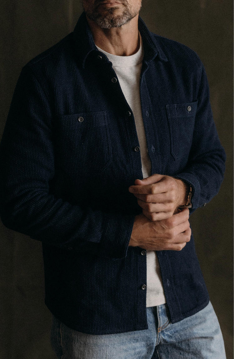 fit model posing in The Utility Shirt in Rinsed Indigo Sashiko