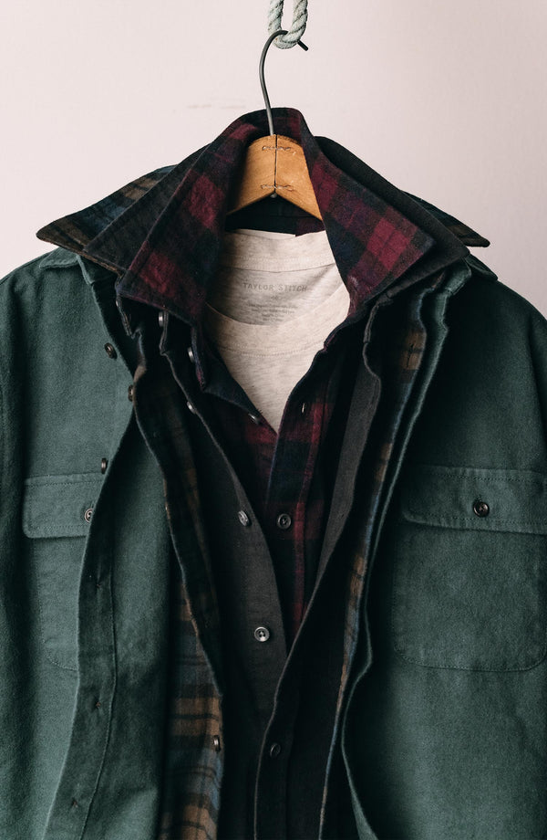 editorial image of The Yosemite Shirt in Dark Forest hanging