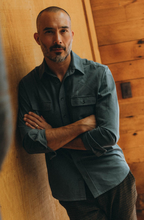 editorial image of The Yosemite Shirt in Slate hanging