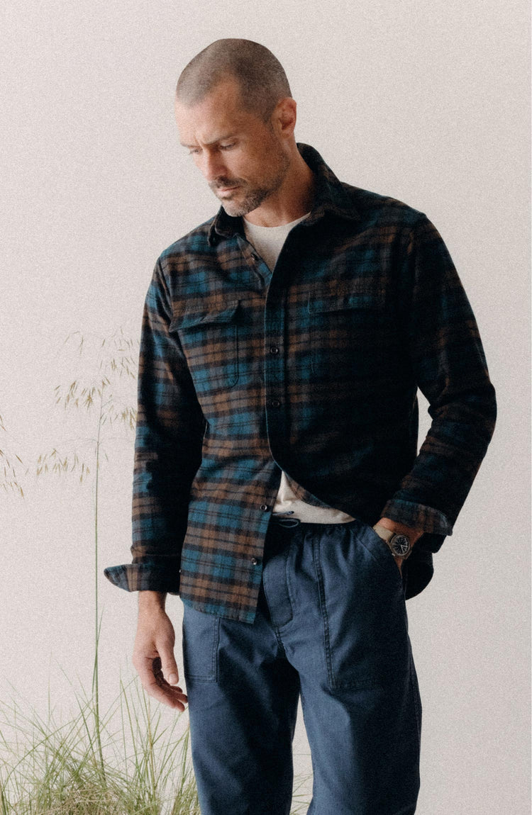 fit model posing in The Yosemite Shirt in Wetlands Plaid
