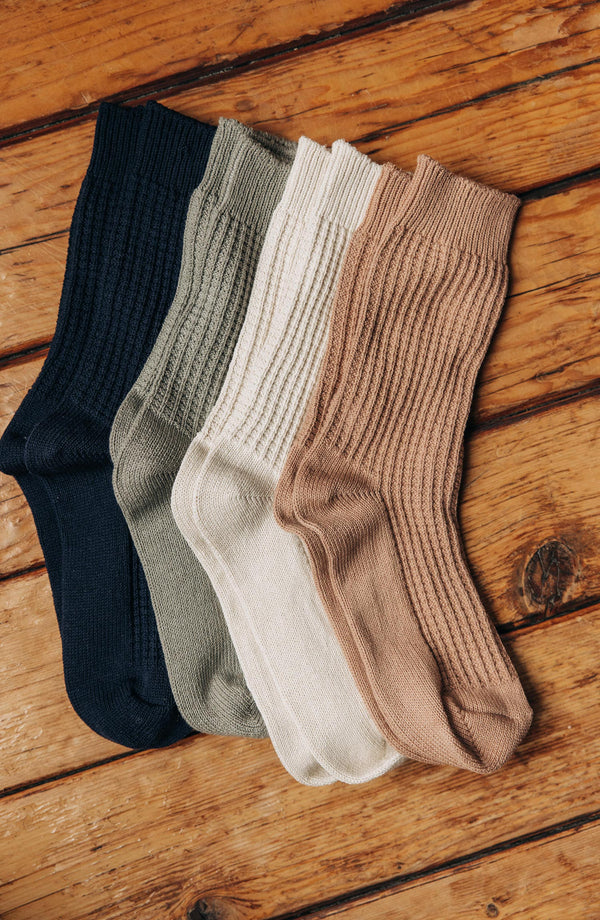 Editorial Panel: The Waffle Sock in Sagebrush, Accessories by Taylor Stitch